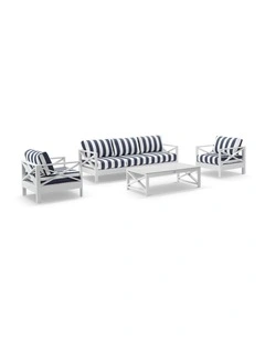 Kansas 3 1 1 seater Outdoor Aluminium Lounge Set White With Coffee Table & Navy Stripe Cushions