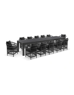 Santorini 3.55m Outdoor Aluminium Dining Table Charcoal With 12 Chairs & Denim Grey Cushions