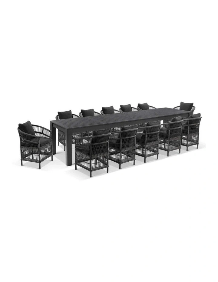 Santorini 3.55m Outdoor Aluminium Dining Table Charcoal With 12 Chairs & Denim Grey Cushions image 1