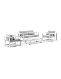 Santorini 2 1 1 Outdoor Aluminium Lounge Set White With Coffee Table & Olefin Light Grey Cushions