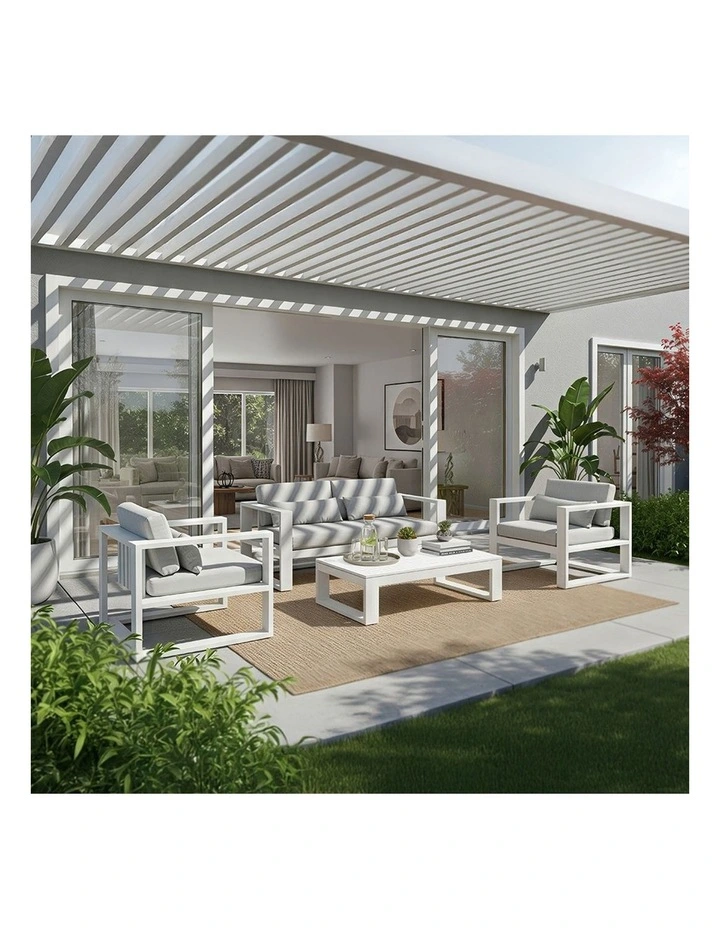 Santorini 2 1 1 Outdoor Aluminium Lounge Set White With Coffee Table & Olefin Light Grey Cushions image 4
