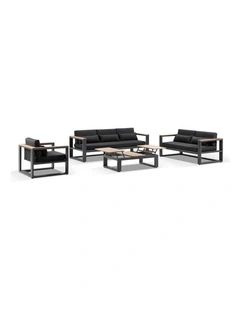 Balmoral 3 2 1 Seater Outdoor Aluminium and Teak Lounge Setting Charcoal & Denim Grey Cushions