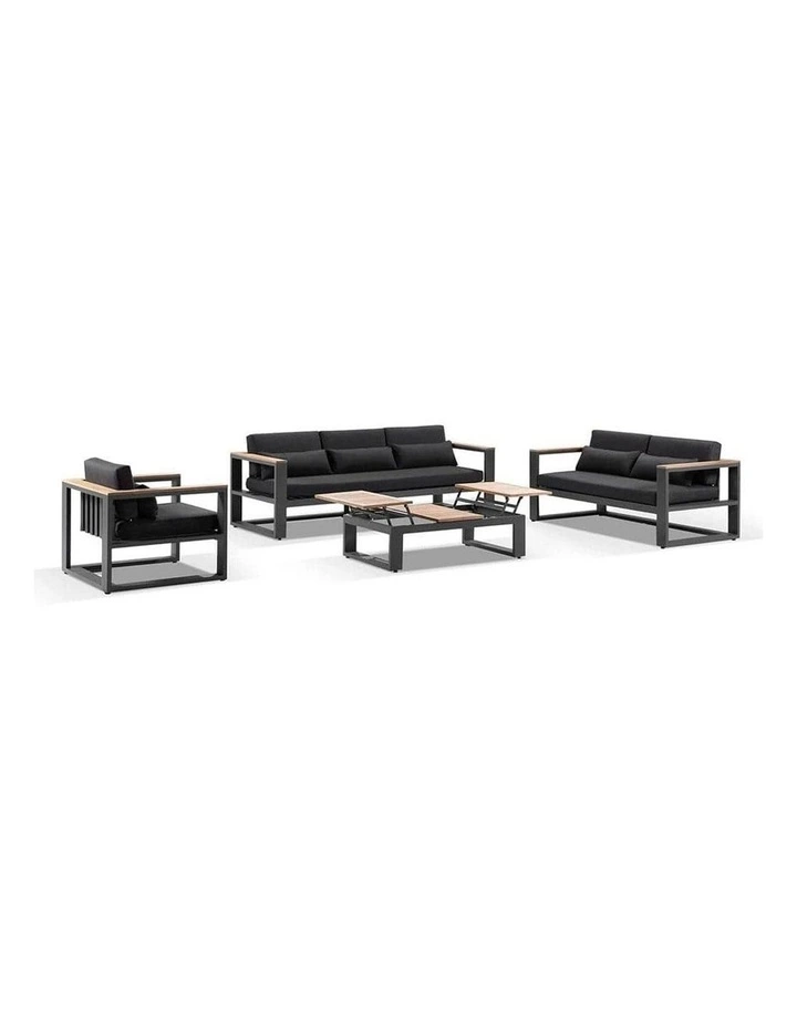 Balmoral 3 2 1 Seater Outdoor Aluminium and Teak Lounge Setting Charcoal & Denim Grey Cushions image 1