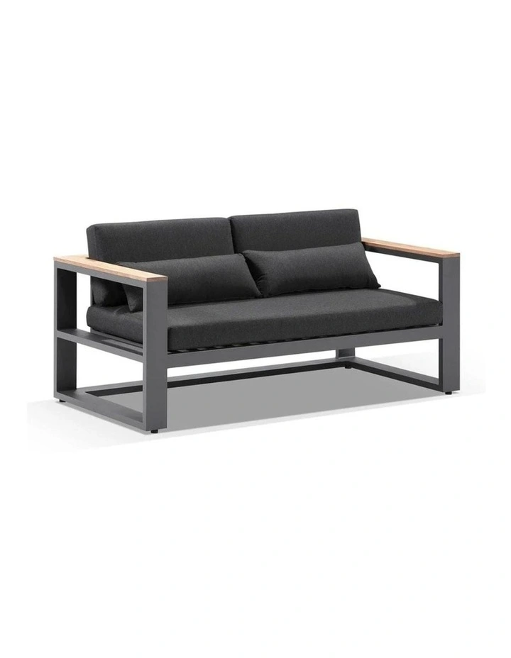 Balmoral 3 2 1 Seater Outdoor Aluminium and Teak Lounge Setting Charcoal & Denim Grey Cushions image 2