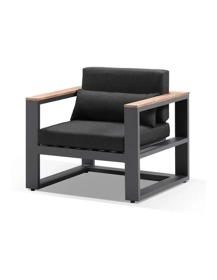 Balmoral 3 2 1 Seater Outdoor Aluminium and Teak Lounge Setting Charcoal & Denim Grey Cushions image 3