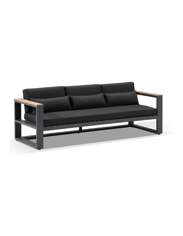 Balmoral 3 2 1 Seater Outdoor Aluminium and Teak Lounge Setting Charcoal & Denim Grey Cushions image 4