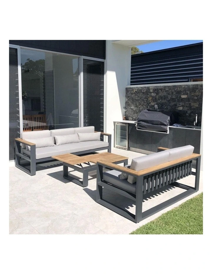 Balmoral 3 2 1 Seater Outdoor Aluminium and Teak Lounge Setting Charcoal & Denim Grey Cushions image 5