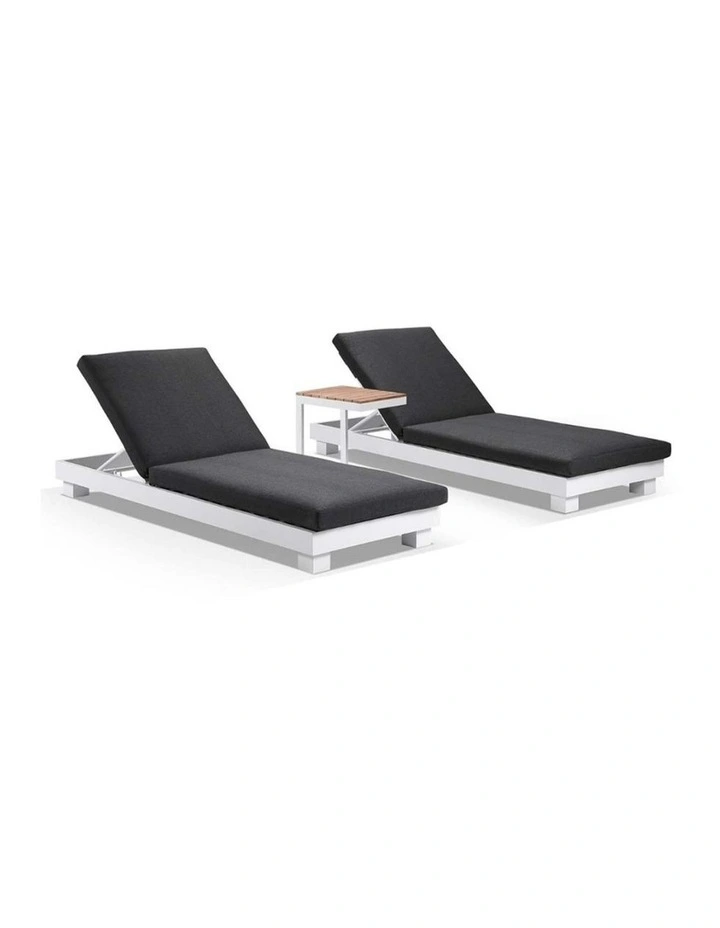 Santorini Aluminium Sun Lounge Set White With Side Table & Denim Grey Cushions image 1