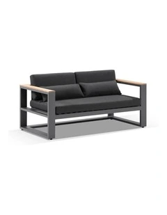 Balmoral 2 Seater Outdoor Aluminium and Teak Lounge Charcoal & Denim Grey Cushions