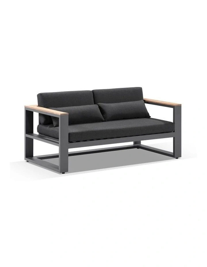 Balmoral 2 Seater Outdoor Aluminium and Teak Lounge Charcoal & Denim Grey Cushions image 1