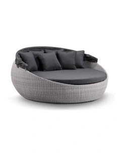 Large Newport Outdoor Wicker Round Daybed Brushed Grey With Canopy & Denim Cushions