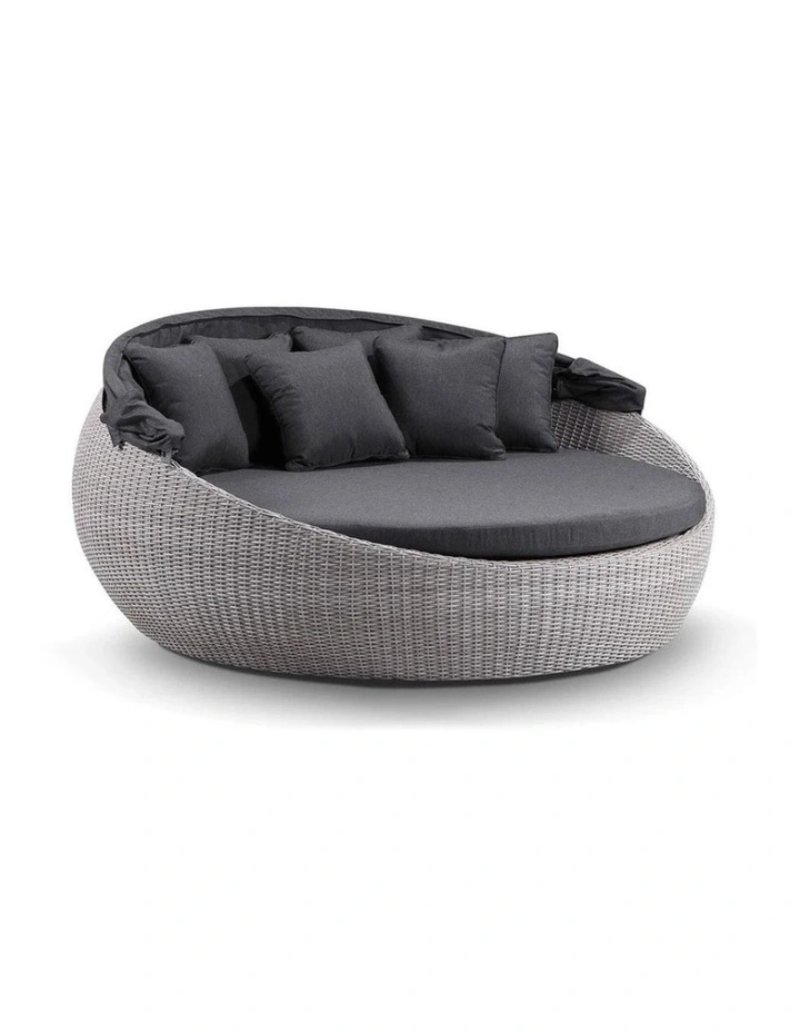 Large Newport Outdoor Wicker Round Daybed Brushed Grey With Canopy & Denim Cushions image 1