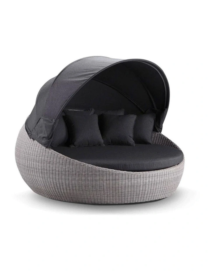 Large Newport Outdoor Wicker Round Daybed Brushed Grey With Canopy & Denim Cushions image 2