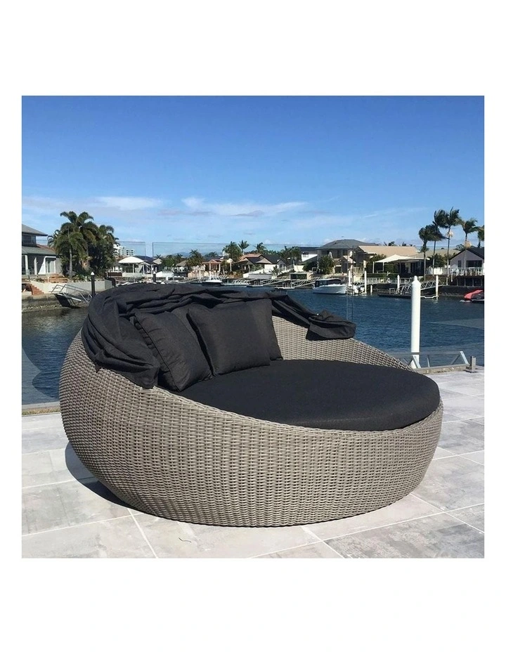 Large Newport Outdoor Wicker Round Daybed Brushed Grey With Canopy & Denim Cushions image 3