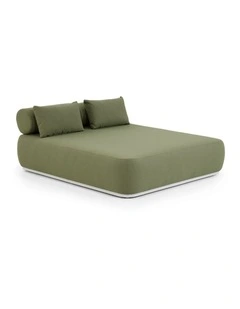 Norfolk Outdoor Aluminium Double Sun Lounge Daybed White With Side Table & La Palma Green Cushions