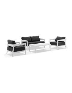 Bronte 2 1 1 Outdoor Aluminium Lounge Setting White With Coffee Table & Denim Grey Cushions