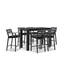 Santorini Outdoor Aluminium 1.5m Bar Table Charcoal With 6 stools & Denim Grey Cushions