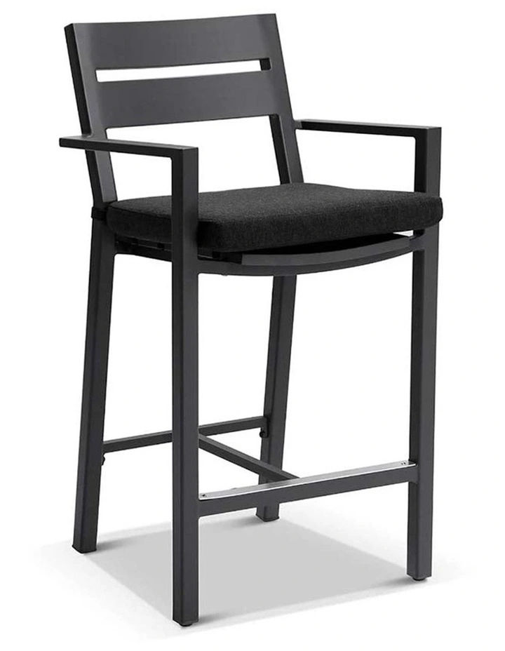 Santorini Outdoor Aluminium 1.5m Bar Table Charcoal With 6 stools & Denim Grey Cushions image 2