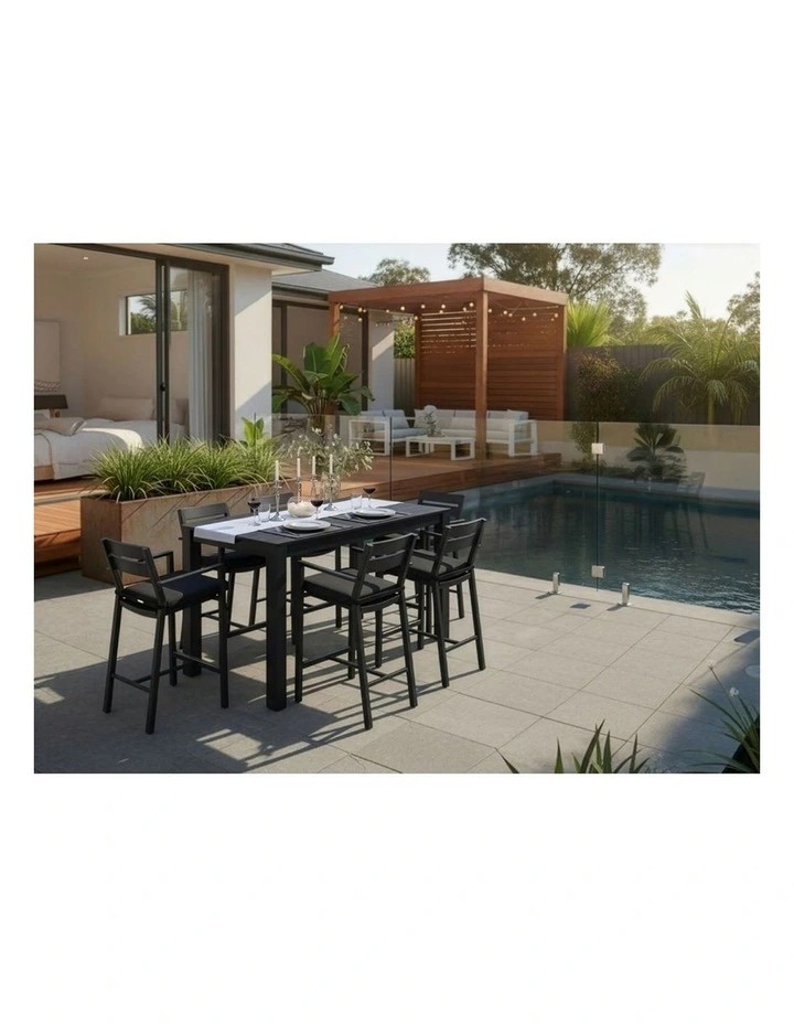 Santorini Outdoor Aluminium 1.5m Bar Table Charcoal With 6 stools & Denim Grey Cushions image 5