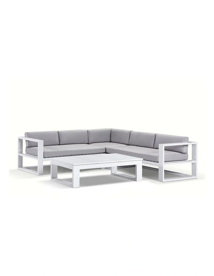 Santorini Package A Outdoor Aluminium Corner Lounge White & Textured Olefin Grey Cushions image 1