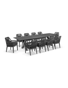 Tahitian 3m Aluminium Dining Table Charcoal With 10 Hugo Chairs & Carbon Grey/Denim Grey Cushions
