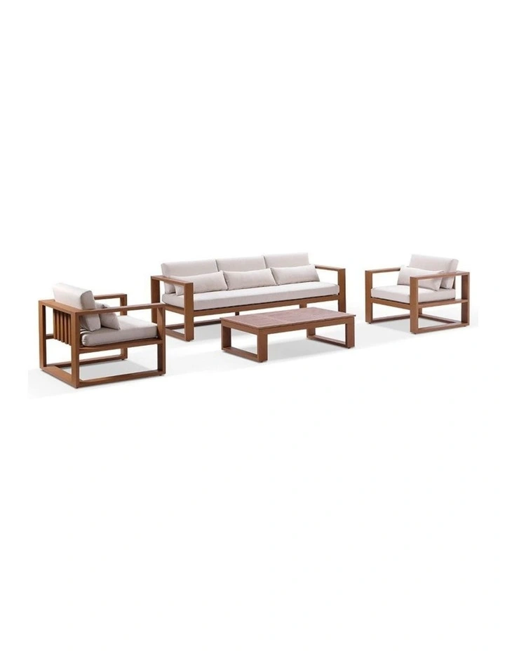 Santorini 3 1 1 Aluminium Lounge Setting Teak Look With Coffee Table & Cream Cushions image 1