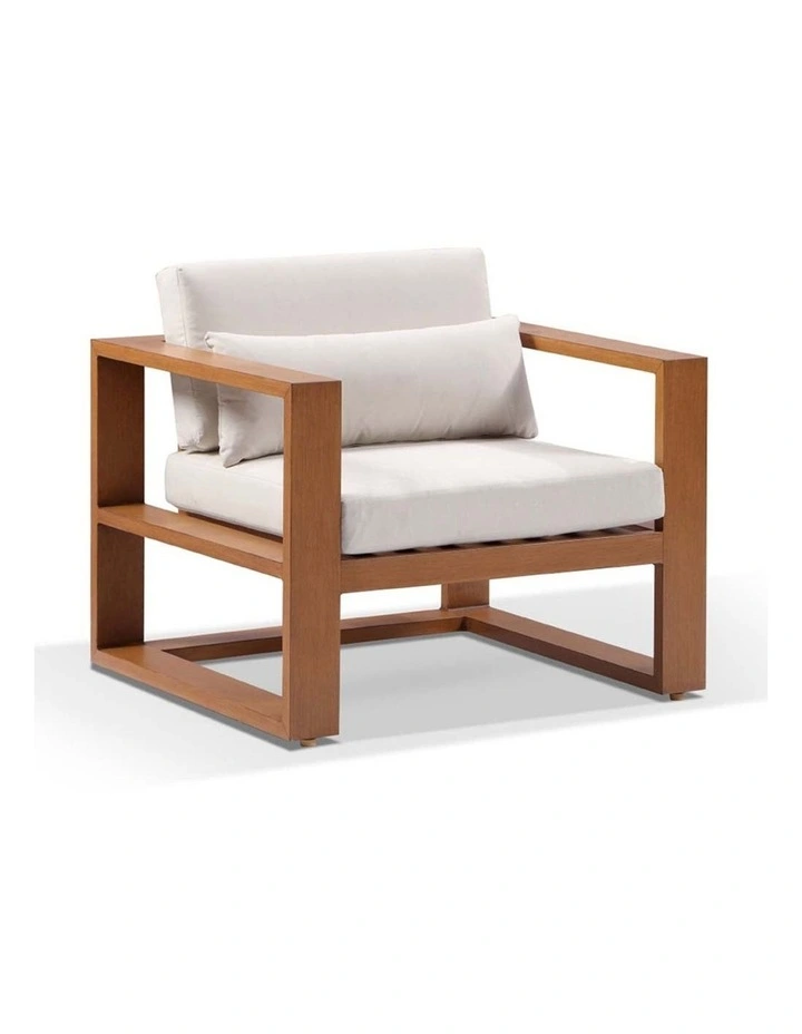 Santorini 3 1 1 Aluminium Lounge Setting Teak Look With Coffee Table & Cream Cushions image 3