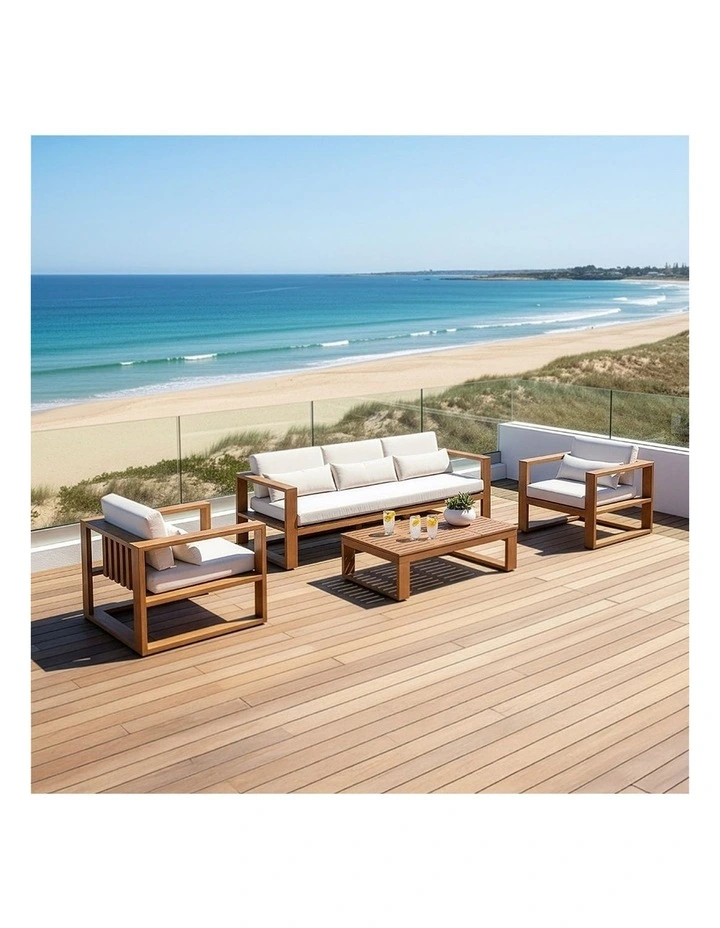Santorini 3 1 1 Aluminium Lounge Setting Teak Look With Coffee Table & Cream Cushions image 4