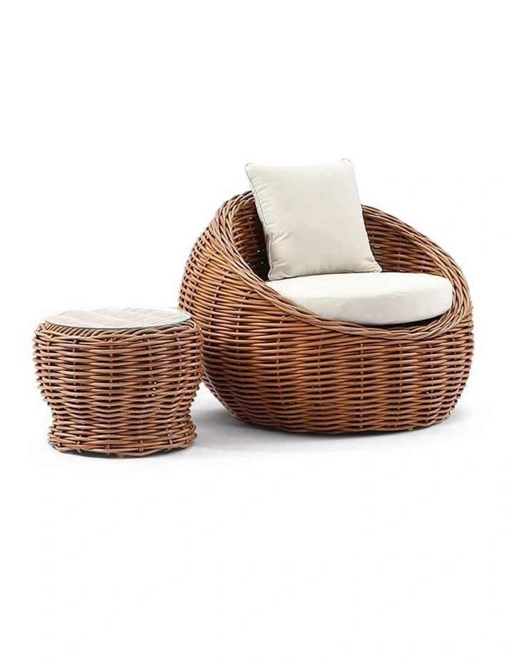 Newport Outdoor Wicker Lounge 2x Arm Chair Golden Brown With Side Table & Cream Cushions image 3
