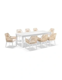Santorini 2.5m Outdoor Aluminium Dining Table White With 8 Hugo Chairs & Cream Rope/Cream Cushions