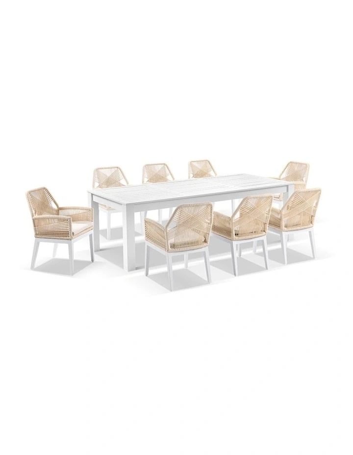 Santorini 2.5m Outdoor Aluminium Dining Table White With 8 Hugo Chairs & Cream Rope/Cream Cushions image 1