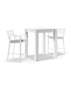 Santorini Outdoor Aluminium Square Bar Table White With 2 stools & Textured Grey Cushions