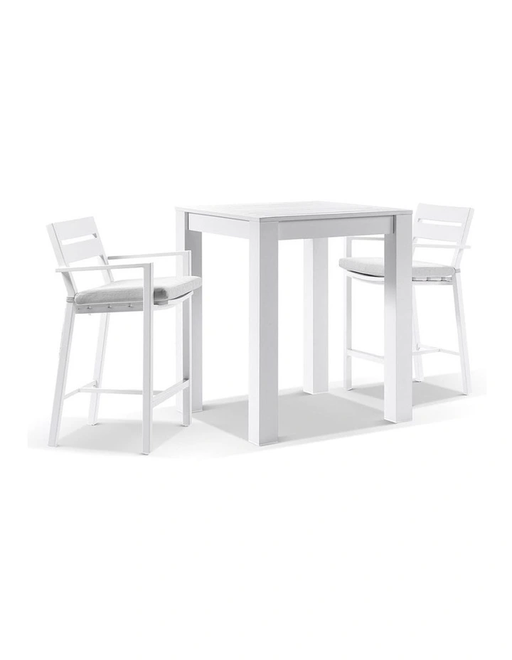 Santorini Outdoor Aluminium Square Bar Table White With 2 stools & Textured Grey Cushions image 1