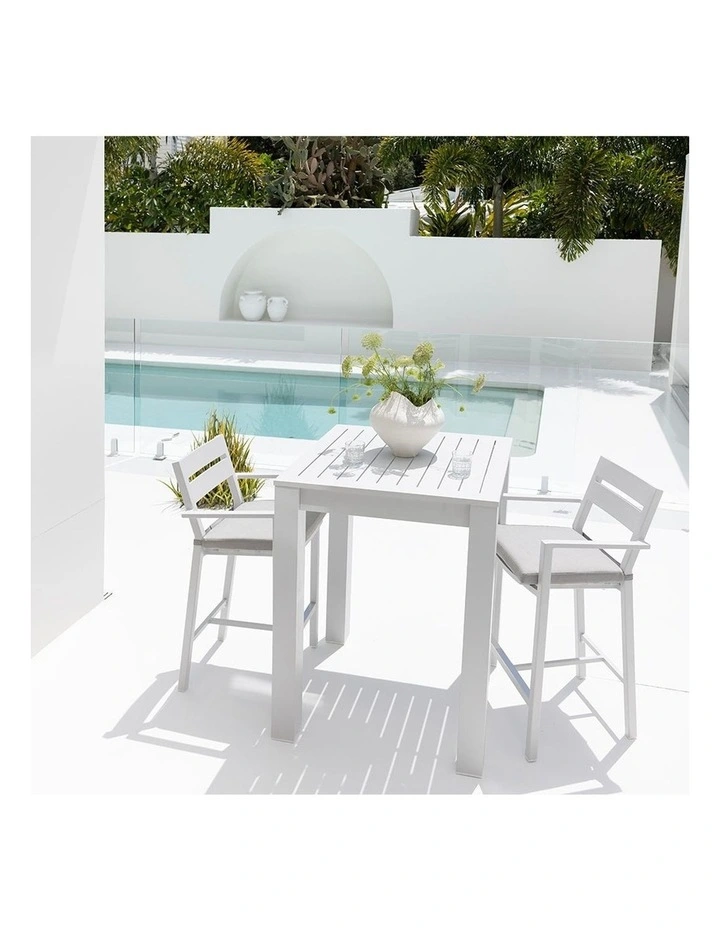 Santorini Outdoor Aluminium Square Bar Table White With 2 stools & Textured Grey Cushions image 4