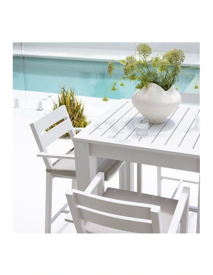 Santorini Outdoor Aluminium Square Bar Table White With 2 stools & Textured Grey Cushions image 5