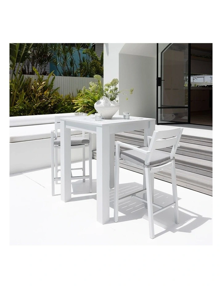 Santorini Outdoor Aluminium Square Bar Table White With 2 stools & Textured Grey Cushions image 6