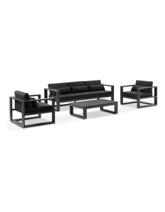 Santorini 3 1 1 Aluminium Lounge Setting Charcoal With Coffee Table & Denim Grey Cushions