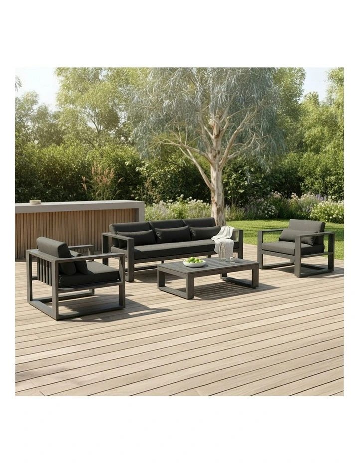 Santorini 3 1 1 Aluminium Lounge Setting Charcoal With Coffee Table & Denim Grey Cushions image 4