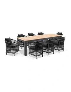 Balmoral 2.5m Outdoor Teak Top Aluminium Table Charcoal With 8 Watego Malawi Style Chairs & Cushions