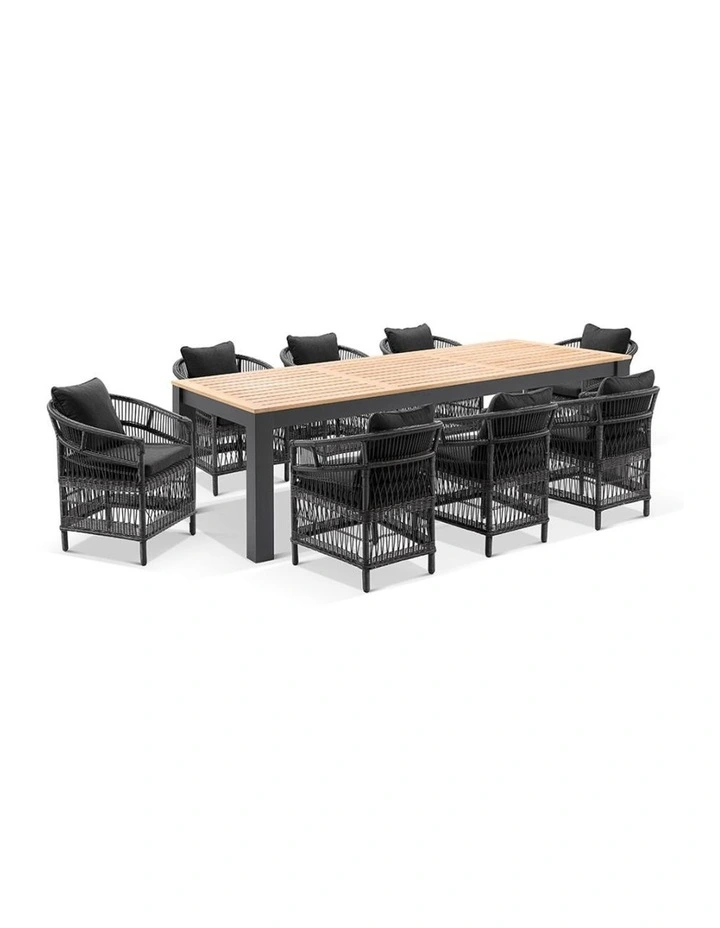 Balmoral 2.5m Outdoor Teak Top Aluminium Table Charcoal With 8 Watego Malawi Style Chairs & Cushions image 1