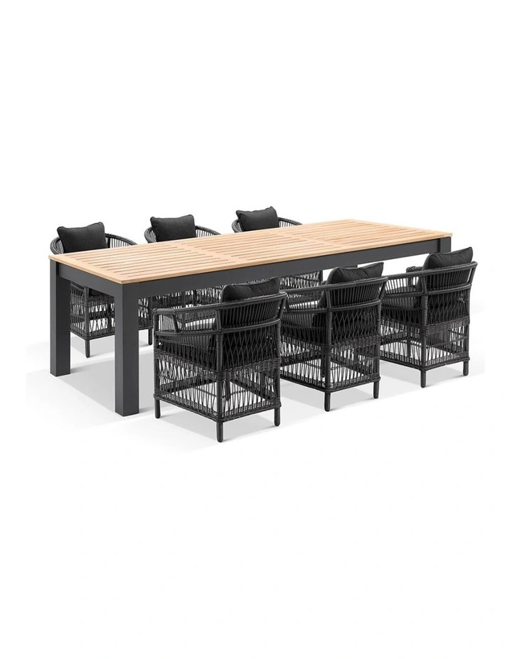 Balmoral 2.5m Outdoor Teak Top Aluminium Table Charcoal With 8 Watego Malawi Style Chairs & Cushions image 2