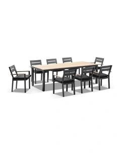 Tuscany 8 Seater Table Charcoal With Capri chairs with Teak Arm Rests & Denim Grey Cushions