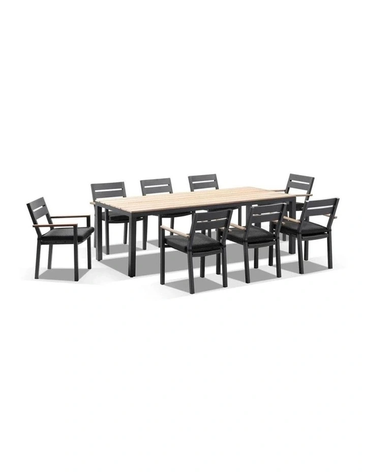 Tuscany 8 Seater Table Charcoal With Capri chairs with Teak Arm Rests & Denim Grey Cushions image 1