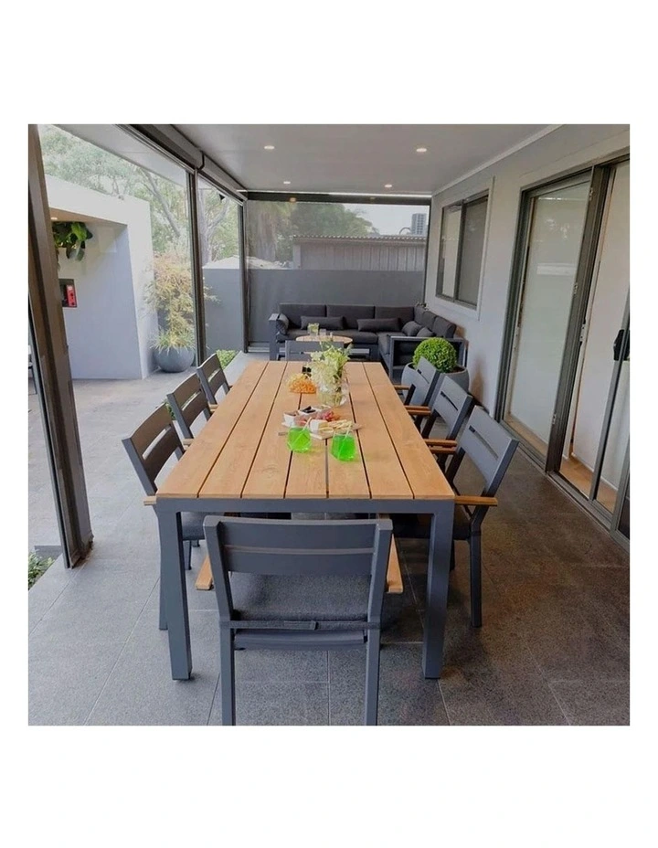 Tuscany 8 Seater Table Charcoal With Capri chairs with Teak Arm Rests & Denim Grey Cushions image 7