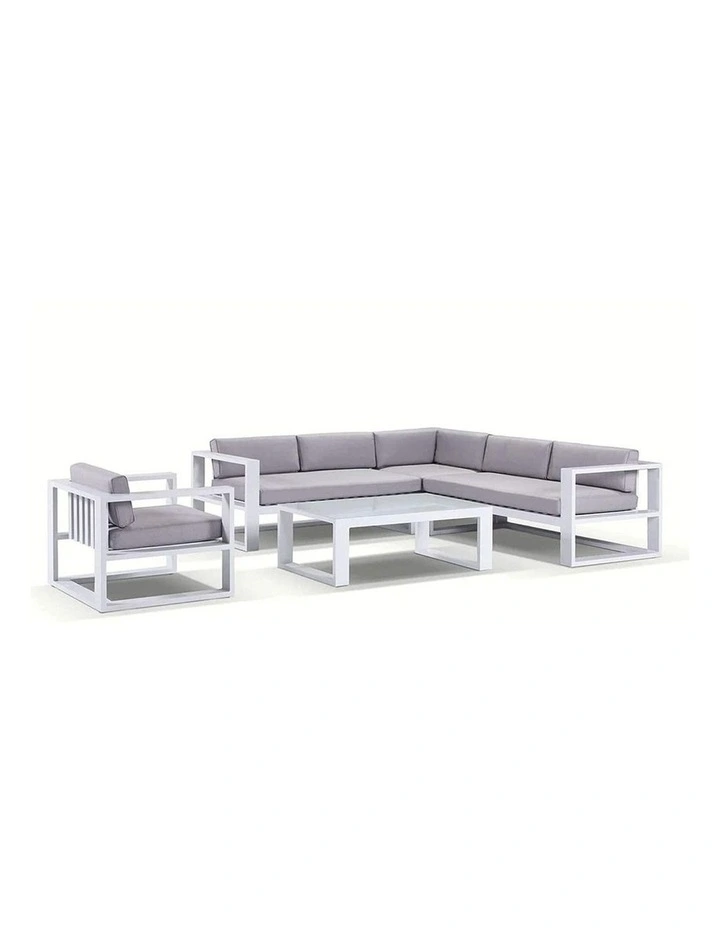 Santorini Package B Outdoor Aluminium Corner Lounge White & Textured Olefin Grey Cushions image 1