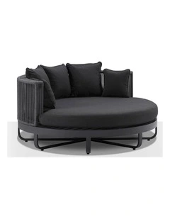 Cannes Outdoor Round Aluminium and Rope Daybed Sun Lounge Charcoal & Carbon Grey Rope/Denim Cushions