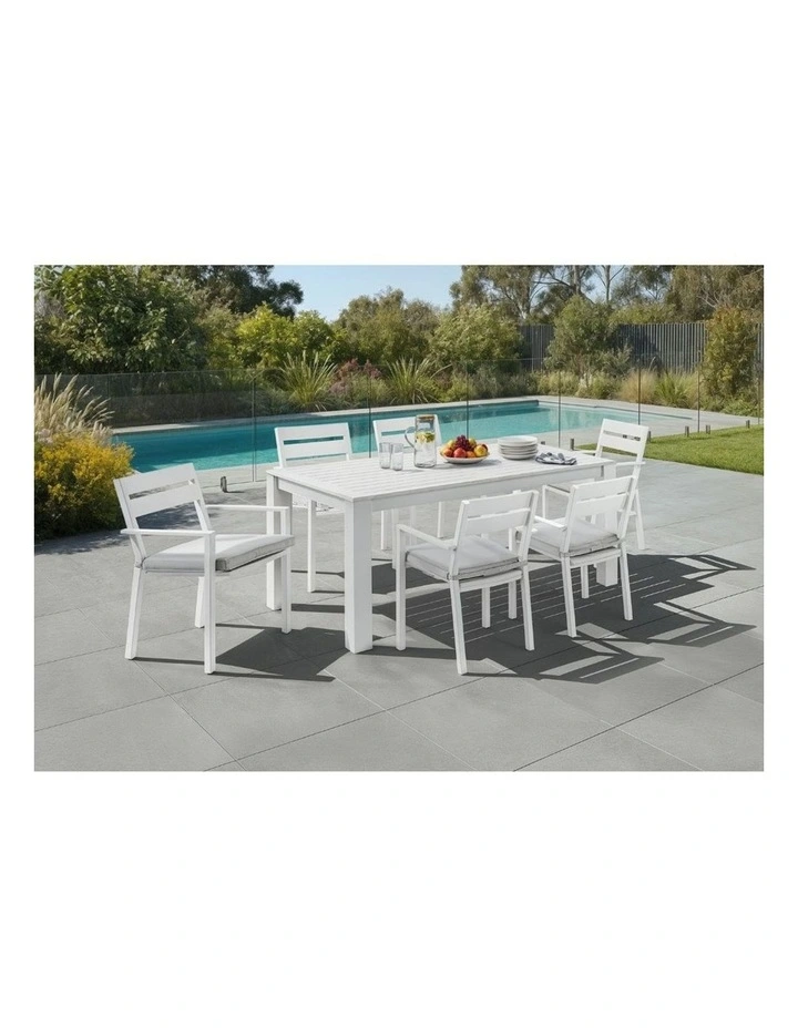 Santorini 6 Seater Outdoor Rectangle Aluminium Dining Table and Chairs Setting White image 5