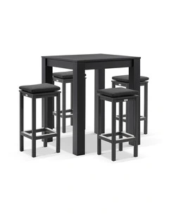 Santorini Outdoor Square Bar Table Charcoal With 4 Avoca Stools & Denim Grey Cushions