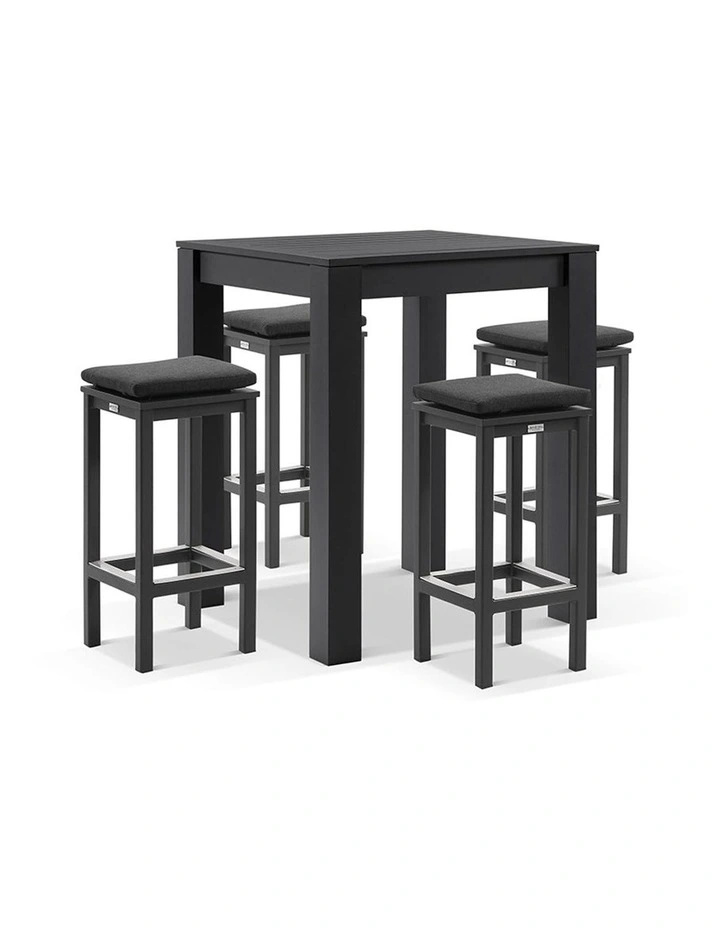Santorini Outdoor Square Bar Table Charcoal With 4 Avoca Stools & Denim Grey Cushions image 1