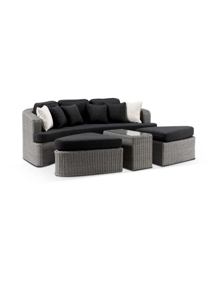 Noosa Outdoor Modular 4 Piece Daybed in Half Round Wicker Brushed Grey & Denim Cushions image 3